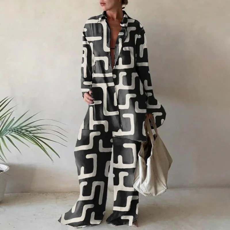 European and American Product Set Fashion Printed Loose Long Sleeved ShirtStraight Leg Pants for Women 260311