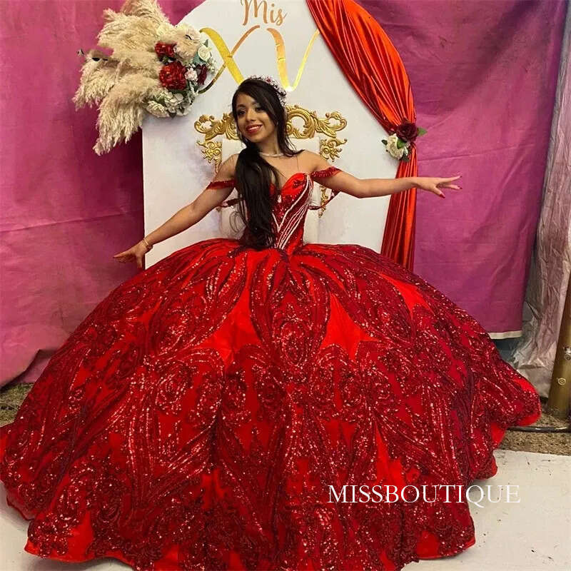Sexy Red Lace Mermaid Quinceanera Dresses 2023 For Black Girls Sparkly Sequins Birthday Party Gown Graduation Dress Robe De Bal 322 B0312