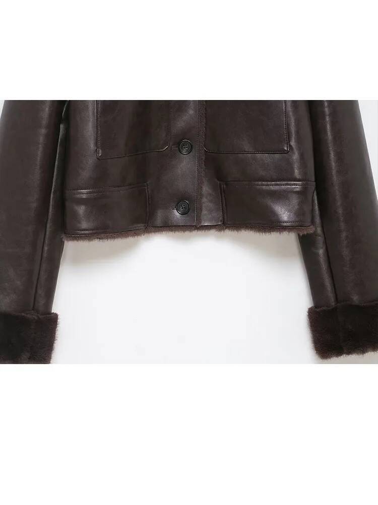 HH Women Chic Reversible Faux Fur Jacket Woman Fashion High Collar Single Breasted Pocket Decorated Long Sleeve Warm Winter Coat