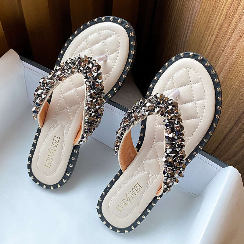 Women's Summer Flat Sandals 2026 New Fashion Rhinestone Toe Post Flip-Flops Outdoor Wear Large Size Slippers Women