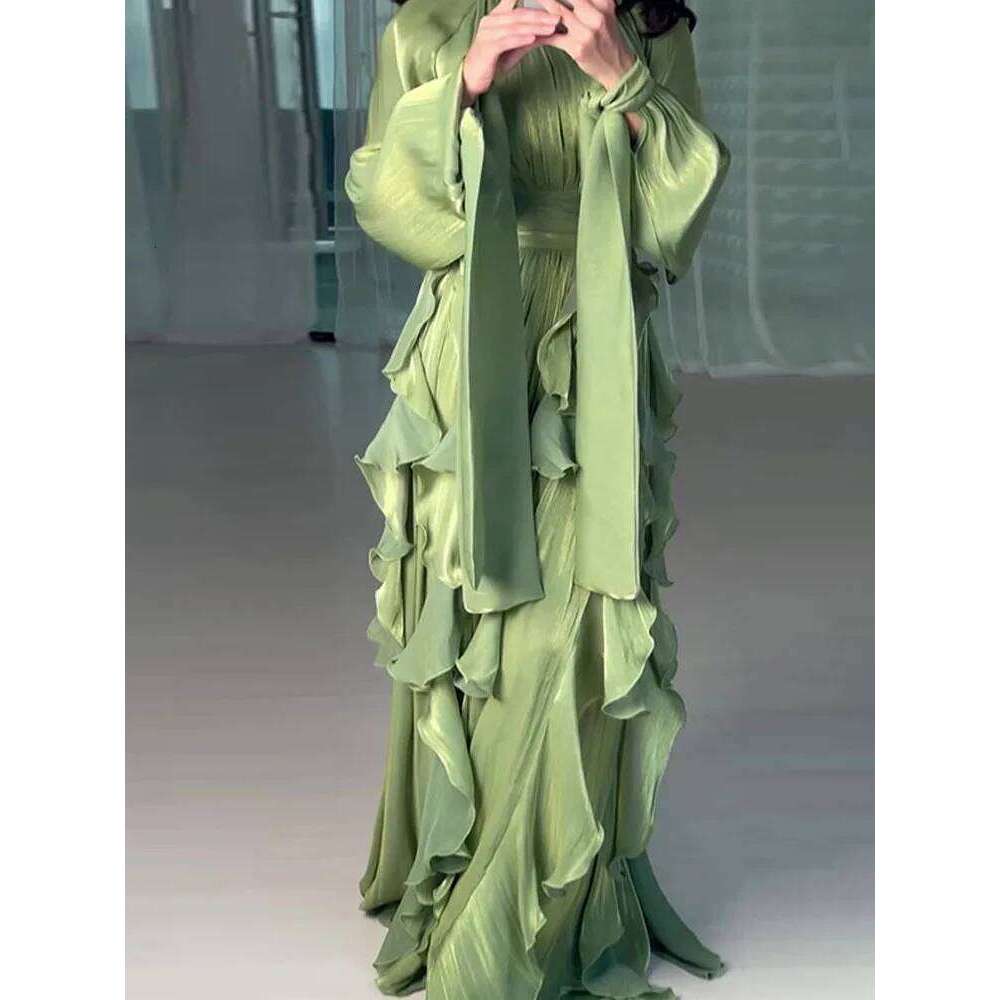 Spring Fall Elegant Evening Long Women Fashion Half-high Collar Waist Slim Holiday Casual Ruffled Solid Party Dress C260312