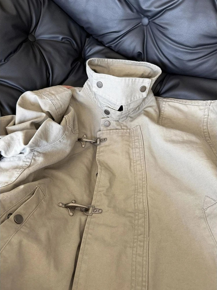 Mens Jacket Harajuku American Vintage Streetwear Buckle Short Workwear Coat Stand Collar Loose Fit Unisex Spring Autumn Clothes 260310