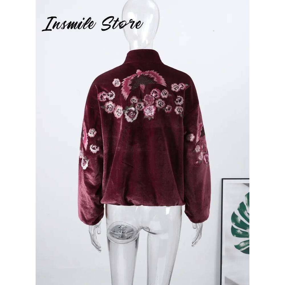 Fashion Embroidery Jacket Women Stand Collar Zipper Full Sleeve Pockets Red Coat 2025 Autumn Lady Casual Vintage Outwear Asia Size