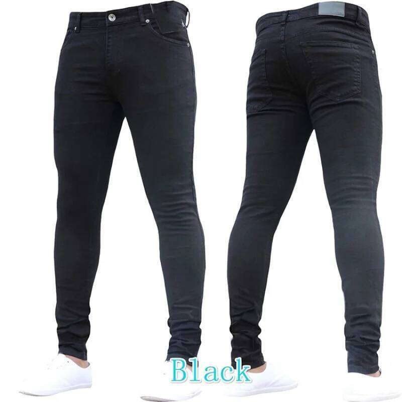 Solid Color Fashion Casual Pants Stretch Skinny Work Trousers Male Wash Slim Fit for Zippered Jeans Men Clothing 26Y0312