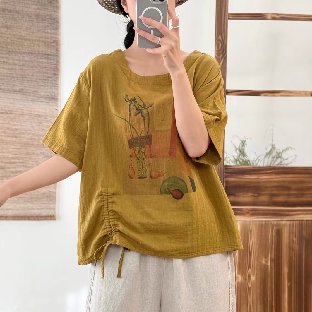 Summer New Double-layer Cotton Gauze Round Designer Hoodie Neck Printed Short Sleeve Women Loose Designer Shirt Fit Plus Size Versatile Polo Shirt Dra