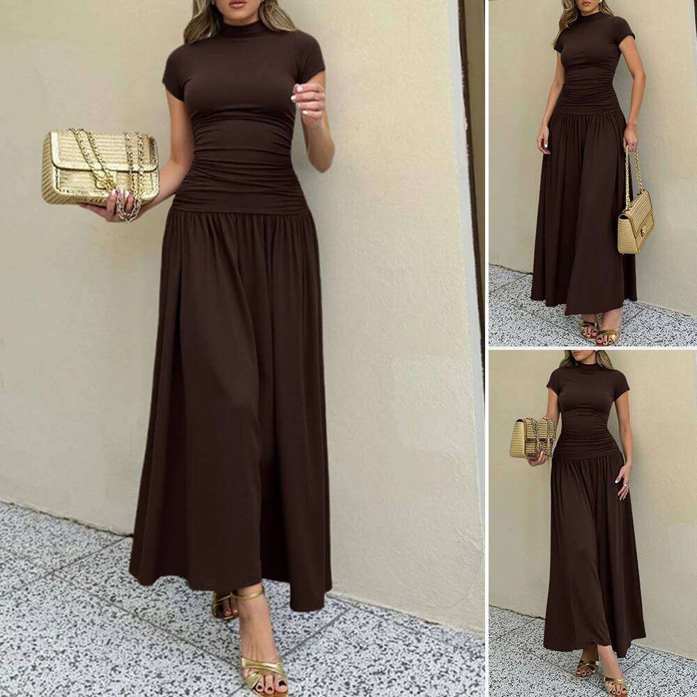 Women's Dresses Autumn 2025 French Minimalist Plain Short Sleeve Mock Neck Draped Slim Fit and Flare Midi Office Dress C260311