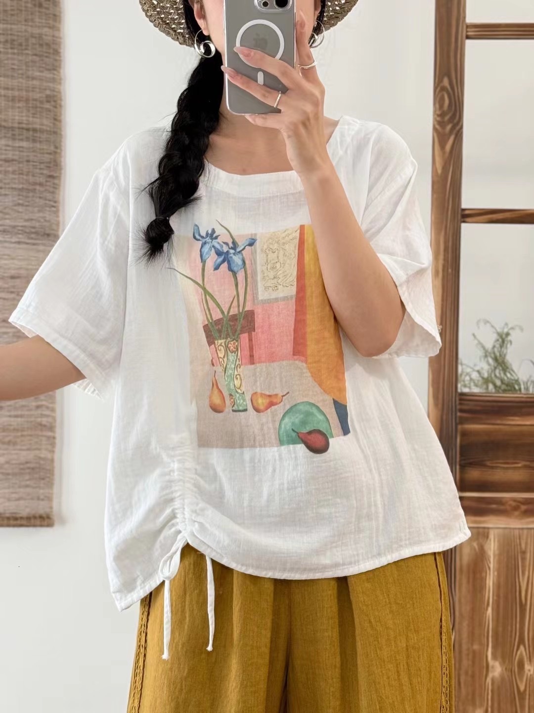 Summer New Double-layer Cotton Gauze Round Designer Hoodie Neck Printed Short Sleeve Women Loose Designer Shirt Fit Plus Size Versatile Polo Shirt Dra
