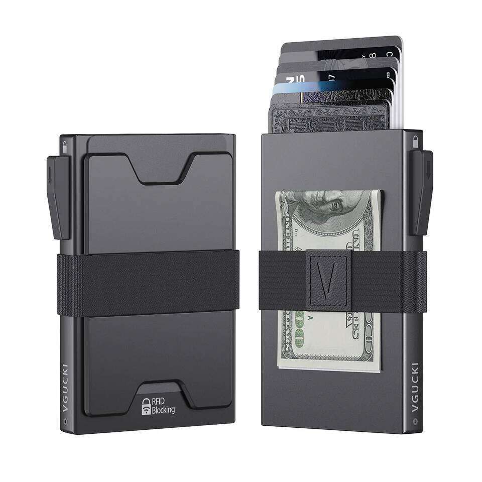 Slim Alu Card Holder for Men, Durable Expandable Backplate, RFID Blocking Minimalist Metal Pop Up Wallet, Holds 14+ Cards & Cash