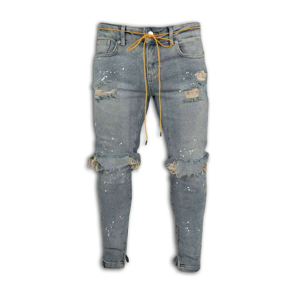 Men Long Jeans Pants Denim Pencil Pant Hole Splice Simple Slim Fit Zipper Lace Up Tight Waist Straight Trousers Autumn 26Y0312