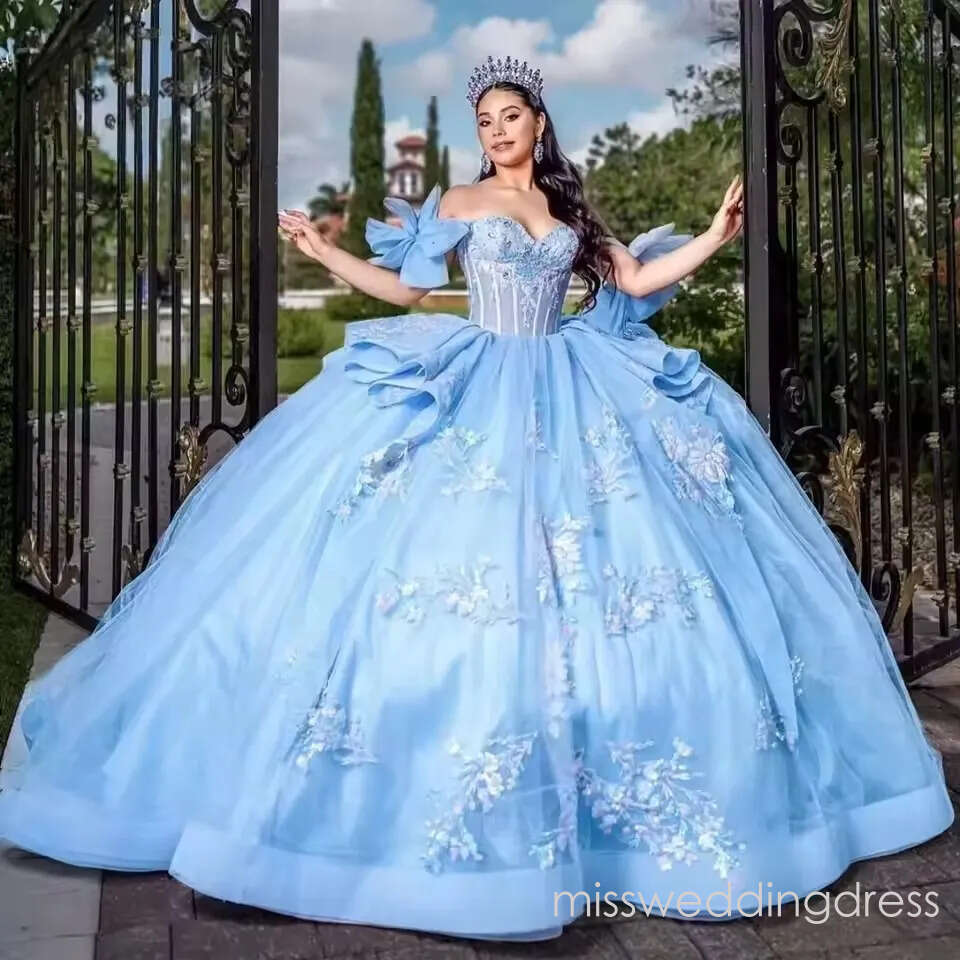 Princess Sky Blue Quinceanera Dress for Girls Off-Shoulder Corset Ball Gown Applique Customizable 15th Birthday Vestido De