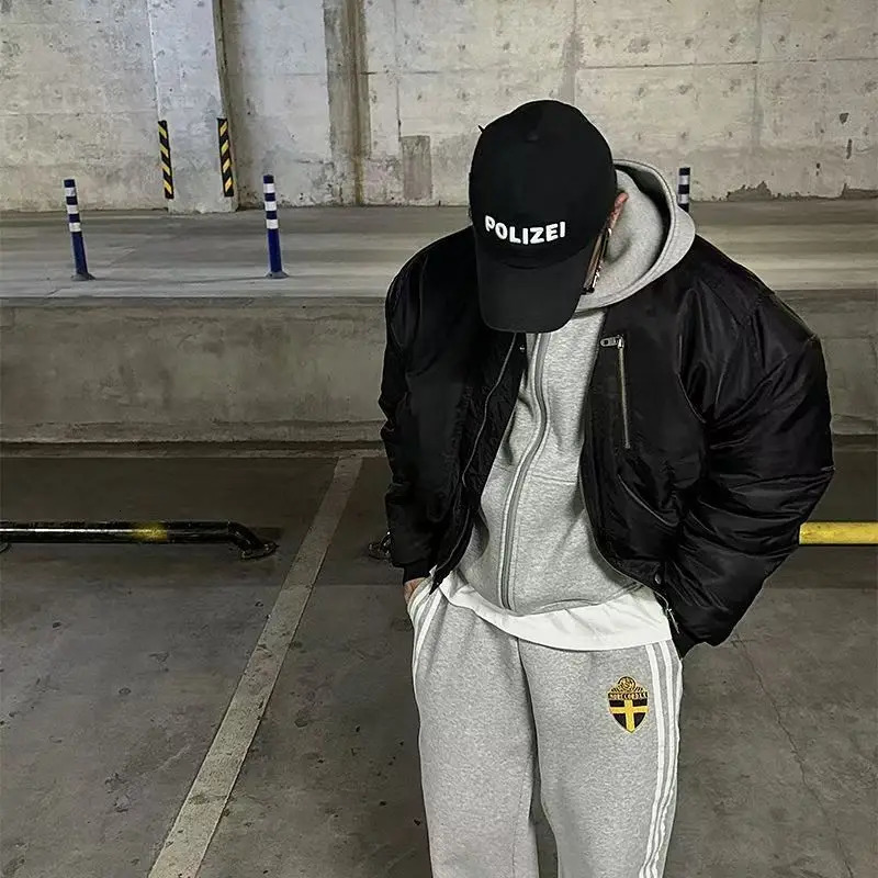 Fashion Retro Stripe Embroidery Zipper Hoodie Sweater Set Mens Two-Piece Set Hip Hood Embroidery Oversized Sweater Mens Set 260311