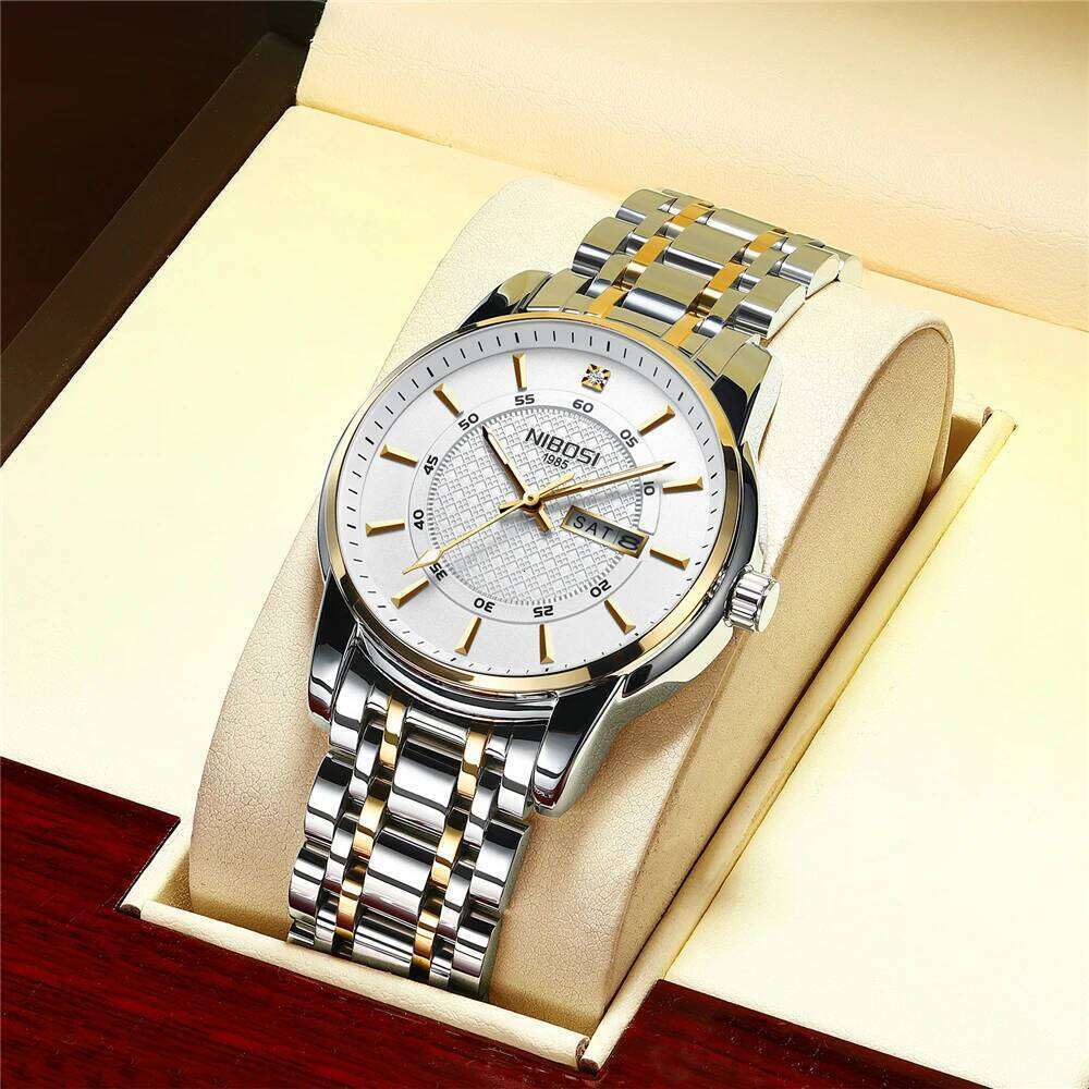 NIBOSI Analog Quartz for Diamond Week-Date Men's Stainless Steel Waterproof Business Watch Men Reloj