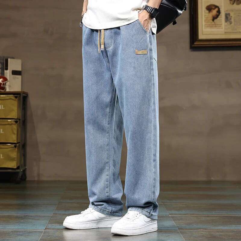 Men Straight Leg Blue Gray Loose Y2K Drawstring Jeans Streetwear Casual Wide Denim Pants Male Baggy Stylish Harajuku Trousers 26Y0312