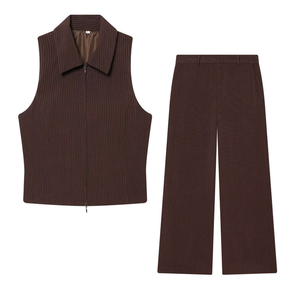 European American Style Foreign Trade Spring Women S New Fashion Zippered Striped Vest And High Waisted Long Pants Set