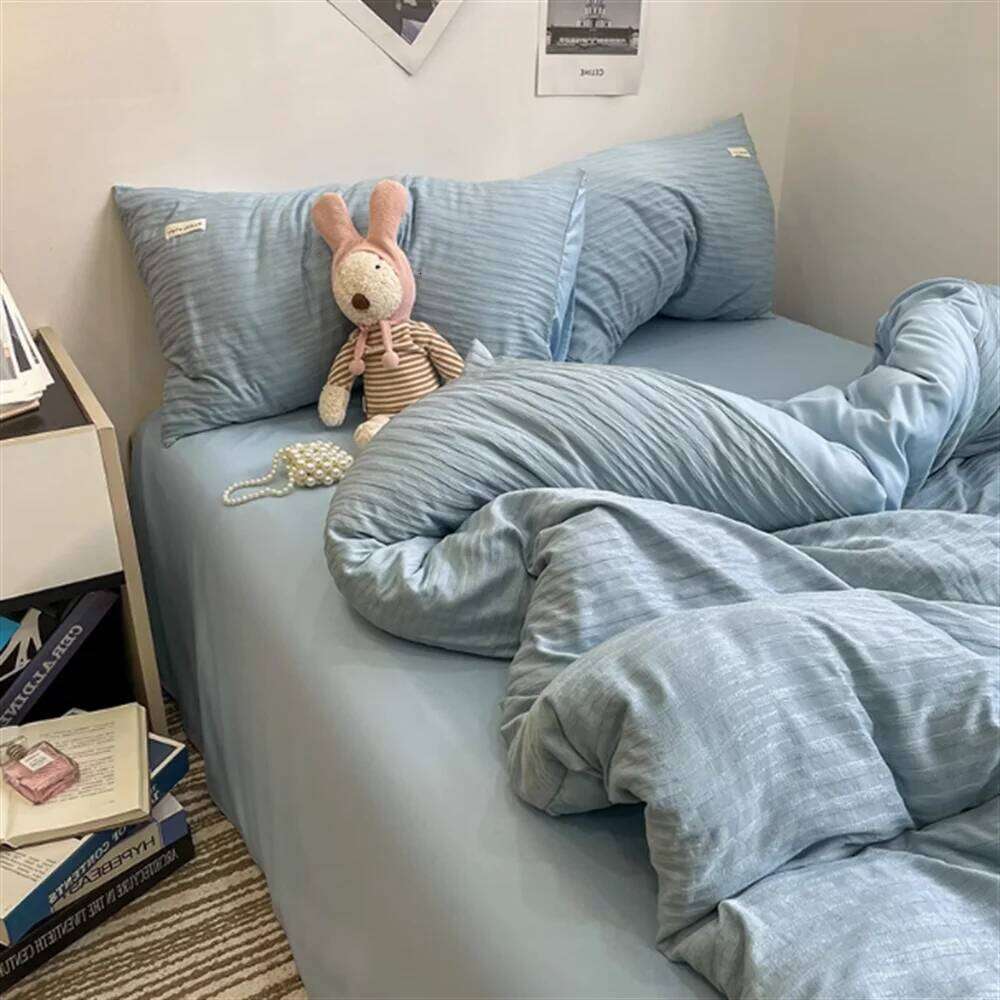 Ins Light Blue Bubble Washed Cotton Bed Sheet Bedding Four Season Duvet Nordic Style Three Piece Set H260312