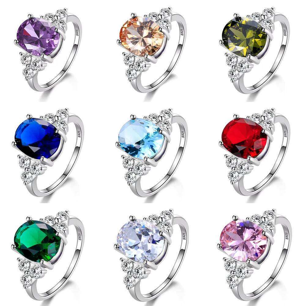 925 Silver Red Zircon Ring With Multicolored Stone Oval Shape Engagement Jewelry Rings For Women H260312