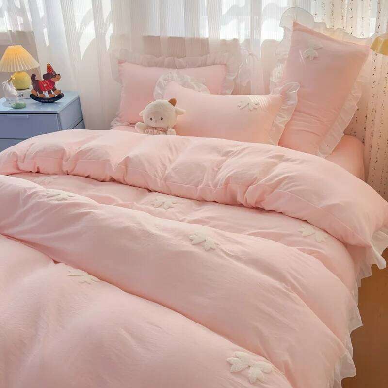 3 Piece Sheet Pink Bowknot Quilt Set, Comfortable Embroidery Bedding Set Bedspread for All Seasons H260312