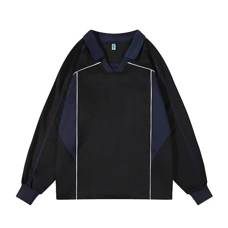 Retro Color-blocking Sports Style Long-sleeve T-shirt For Men Trendy Street Designer Hoodie Style Couple's Polo Collar Blank Sweatshirt