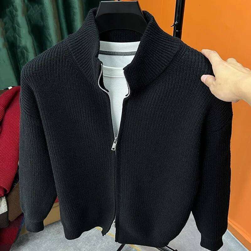 Autumn and winter versatile solid color zipper cardigan knitted popular slim fit sweater jacket men's stand up col