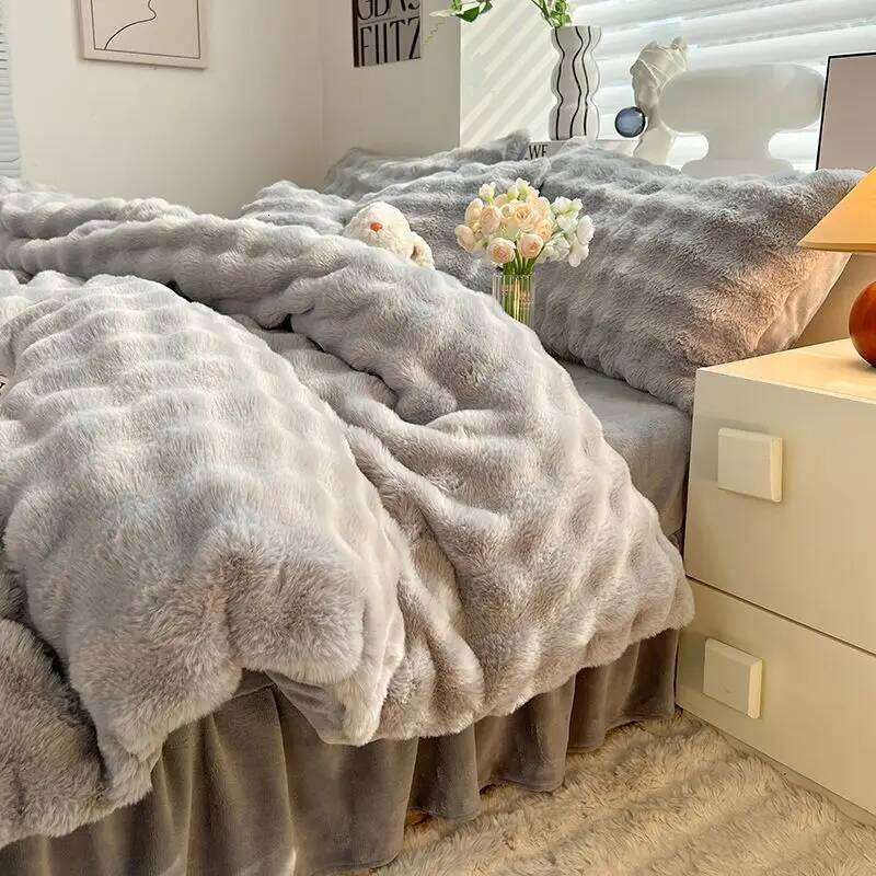 Thickened High-end Milk Four-piece Rabbit Bed Skirt Quilt Cover Winter Flannel Double-sided Fleece Bedding Set H260312