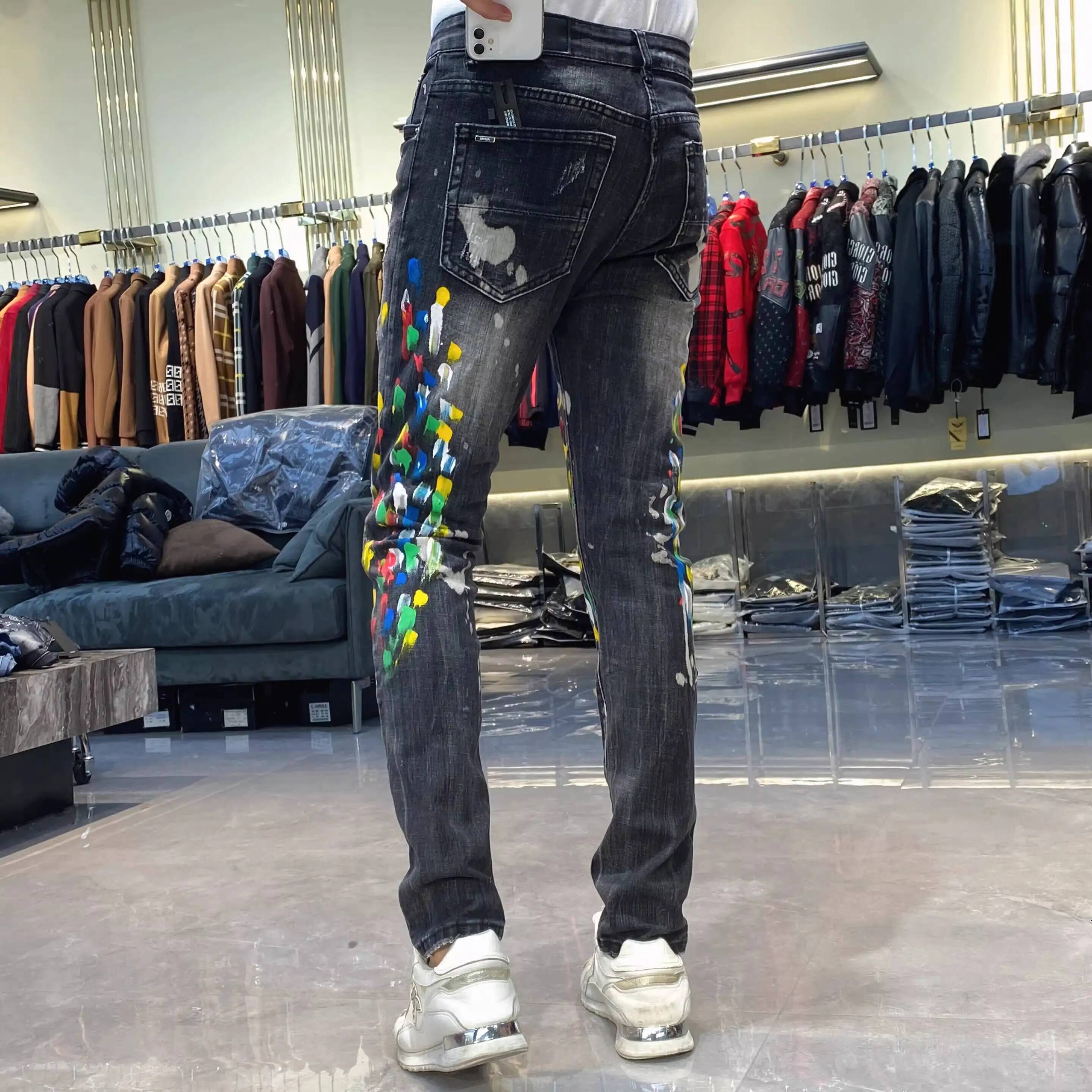 Mens Brand New Paint Splatter Ripped Men's Slim Fit Stretch 2026 Fashion Trendy Versatile Long Pants Jeans Masculina