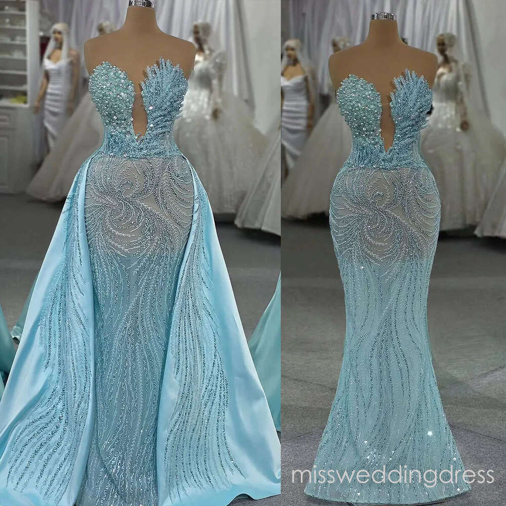 Glamorous Pearls Evening Dresses Sequins Beading Strapless Prom Gowns Detachable Illusion Princess Sweep Train Customized Vestidos De Noche Plus Size