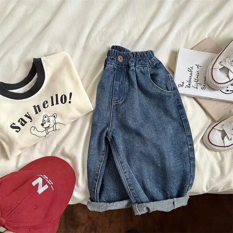 Autumn Kids Denim Pants Loose Fit Jeans for Boys And Girls Casual Trendy Outdoor Clothing 27T Baby Childrens 260311