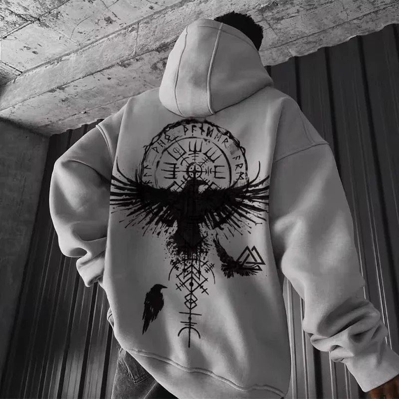 Mens Viking Totem Printed Hooded Sweatshirt Y2K Cotton Hooded Sweatshirt Loose Eagle Pattern Fresh Sport functional Fashionable 260311