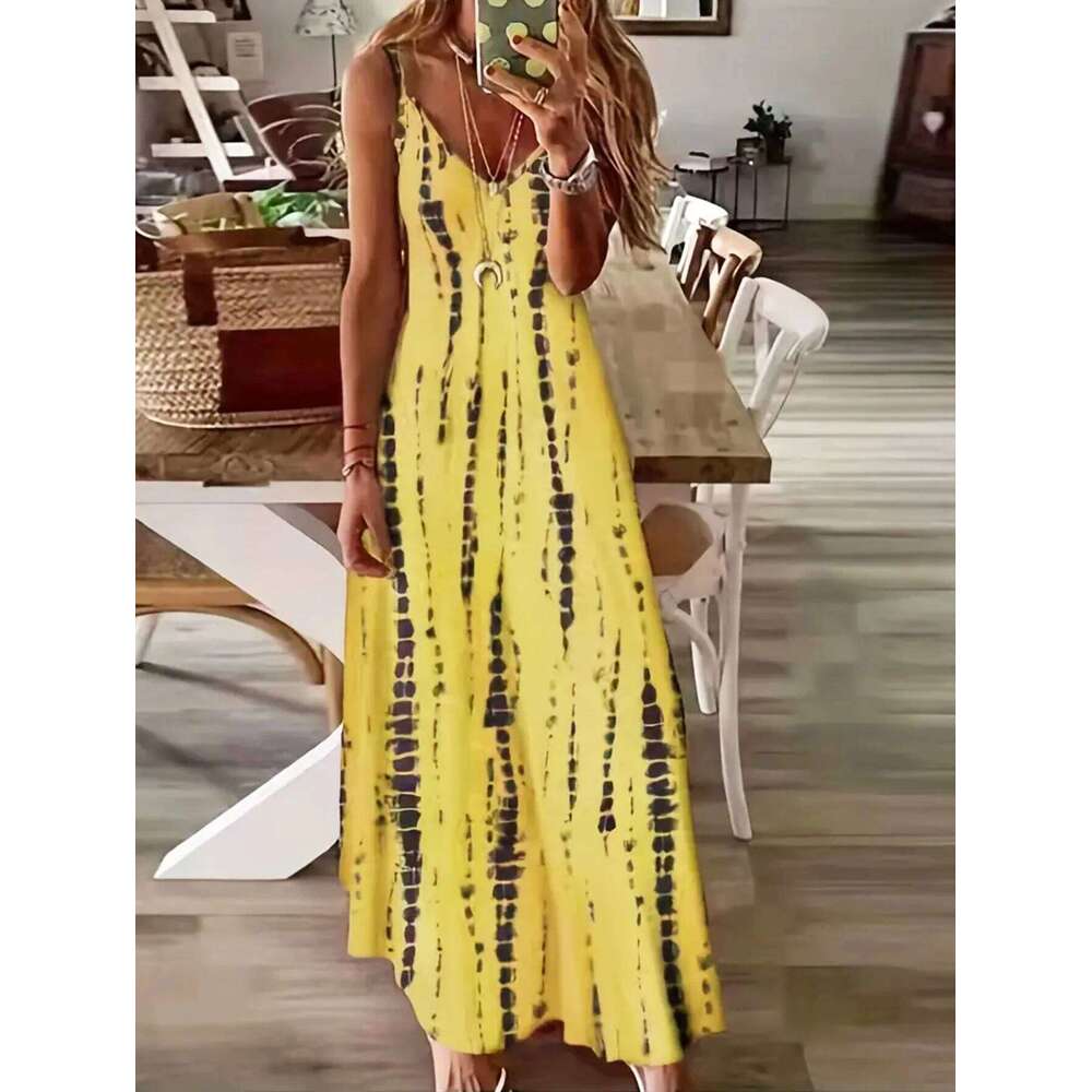 Women's Casual Loose V-neck Tie Dye Printed Spaghetti Maxi Summer Beach Vacation Long Dress C260311