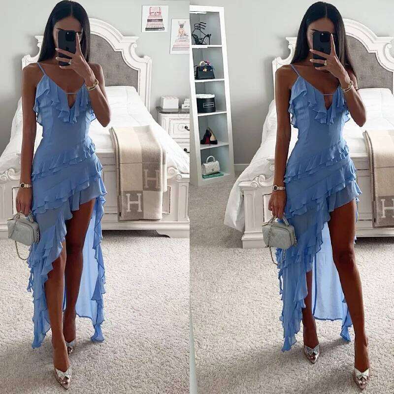 Woman Irregular Tassel Summer Trend Skinny Split Maxi Bodycon Birthday Party Clubwear Vestidos Blue Elegant Women Strap Dresses C260312