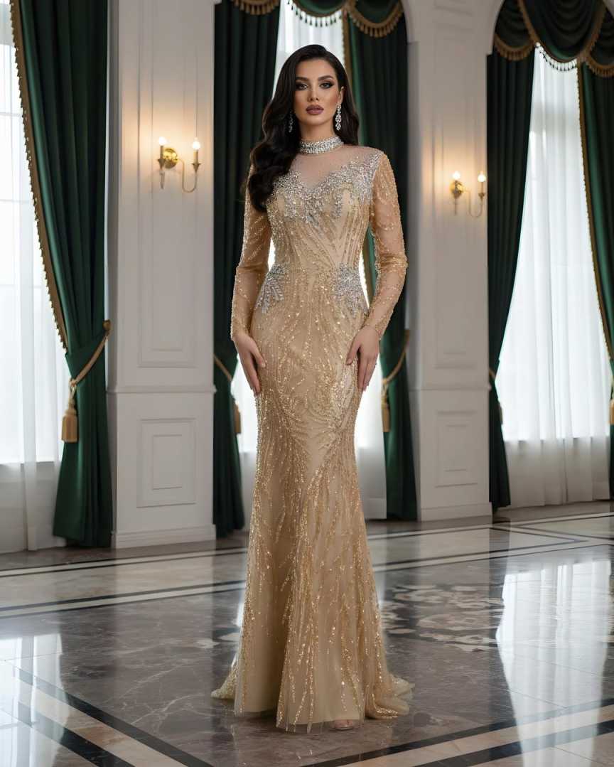 Luxury Muslim Bead Mermaid Evening Dress for Women High Neck Long Sleeves Formal Prom Party vestidos de fiesta elegantes
