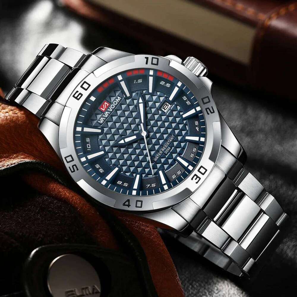 Stainless Steel Quartz Watch Business Fashion 45mm Calendar Clock Silver Sports 3Bar Waterproof Gift Wristatch for Men Reloj