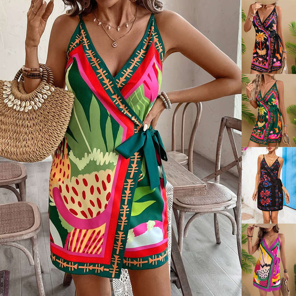 2025 New Arrival: European and American Sexy Fashion Digital Print Tie-Neck V-Neck Strap Dress