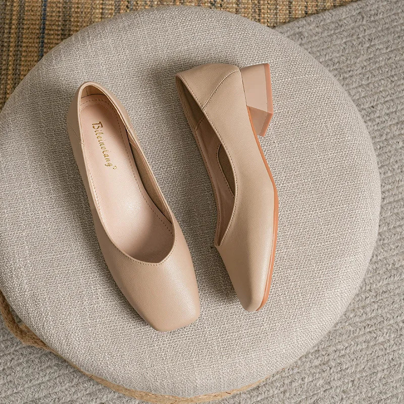 Woman Elegant Square Toe Concise Black 4CM High Heel Female Shallow Retro Mary Janes Comfortable Cute Loafers Lolita Shoes 260306