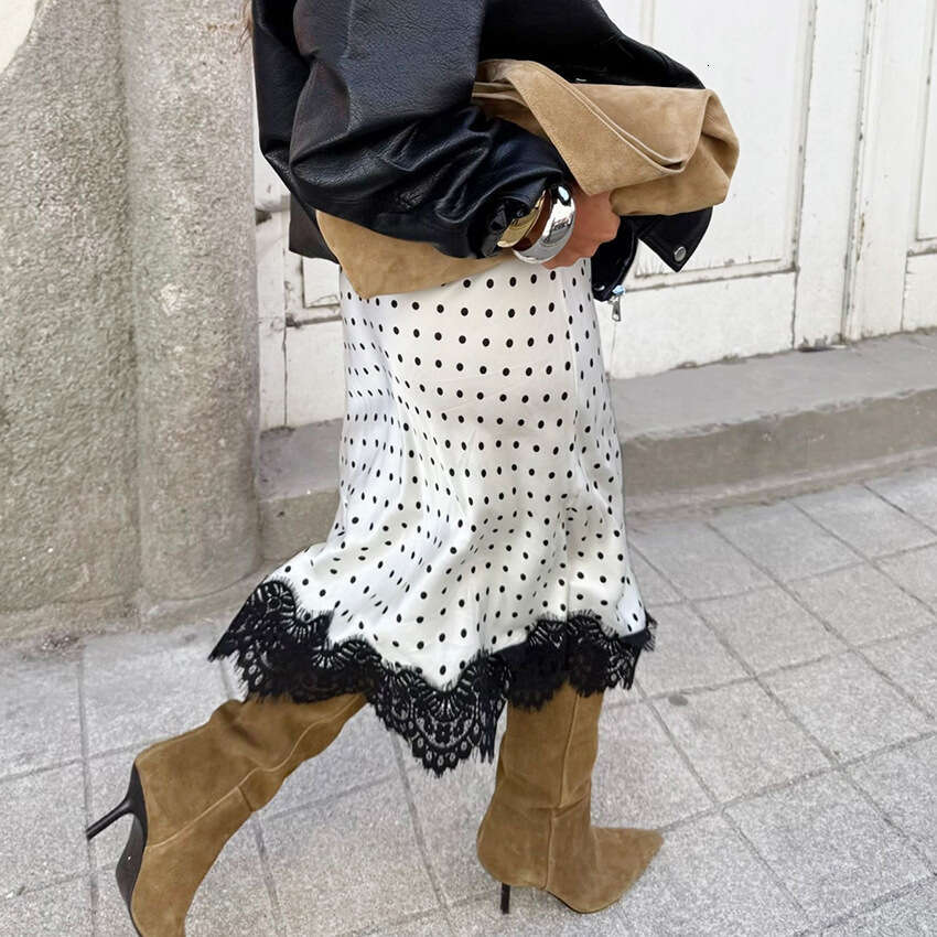 Autumn Winter New Lace Patchwork Polka Dot Midi Mid-Length Straight Skirt Design Sense Elegant Fashion 2025 Cross-Border