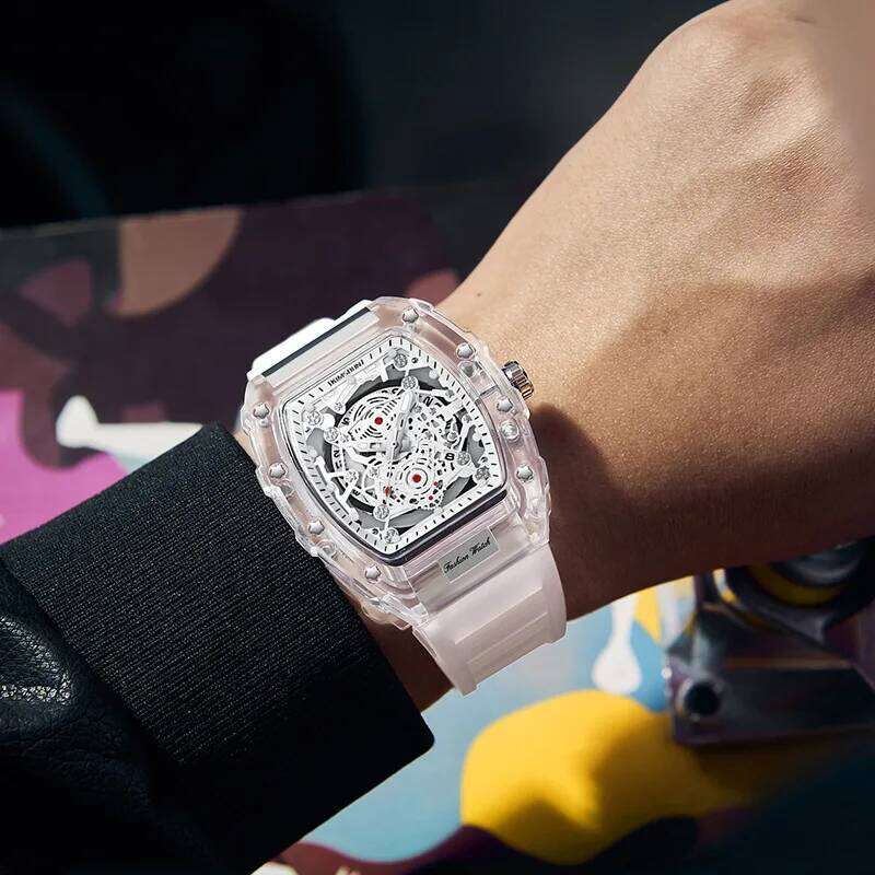 Fashionable Casual Men's Luminous Calendar Function Silicone Strap Tonneau Shaped Transparent Case Men Quartz Watch Reloj