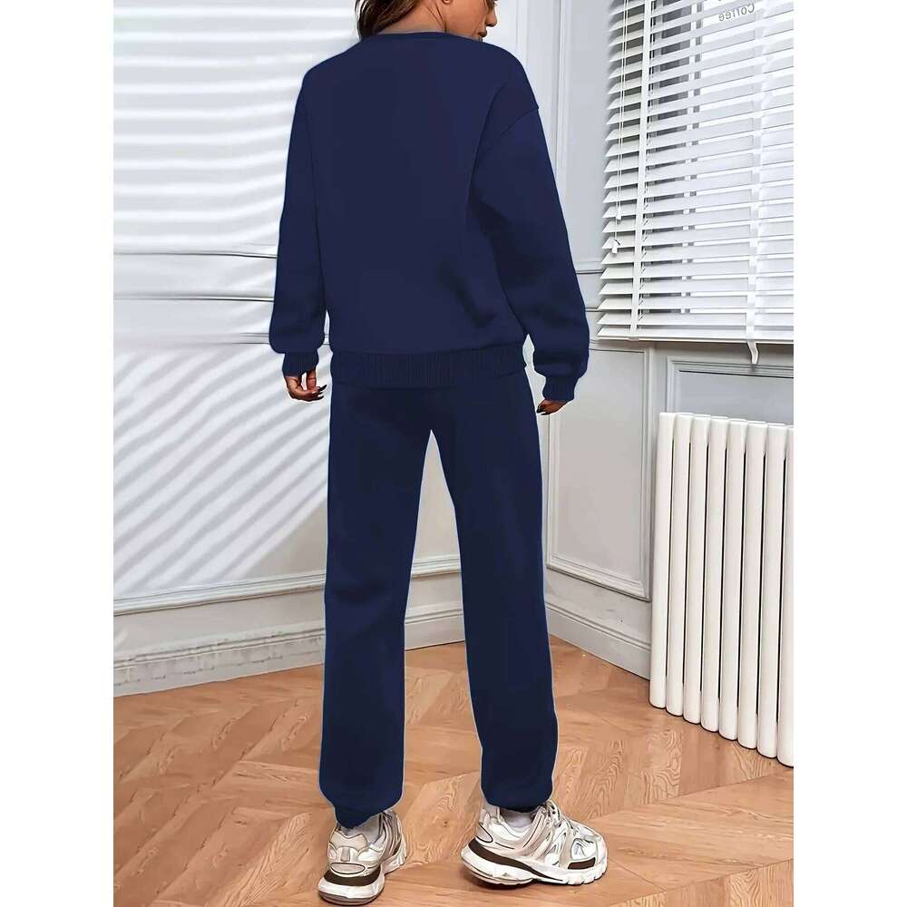 Women's autumn and winter hip-hop casual street party graphic printed round neck sports shirt+sports pants set warm clothing C260312