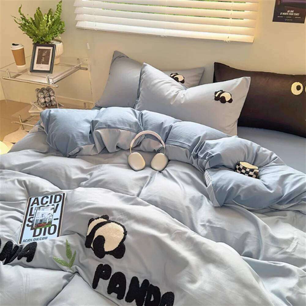 Washed Panda Thickened Woolen Beddinng Non All Cotton Quilt Cover Set Bedding Products Bed Sheet H260312