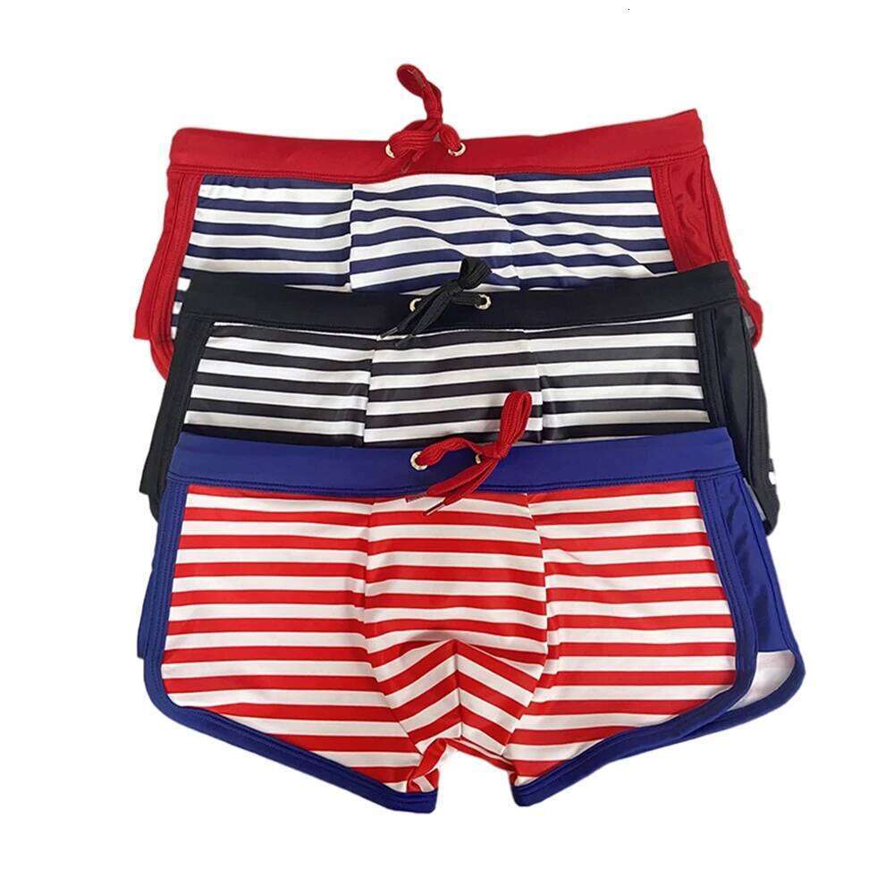Sexy Mens Swimming Trunks Low Waist Pouch Striped Swimsuit Fashion Male Side Split Bathing Suit Sport Beach Surfing Board Shorts Z260312