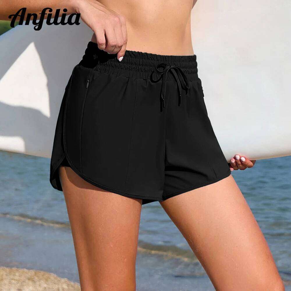 Anfilia Women Swim Drawstrings with Hidden Zipper Side Pockets Built In Boxer Solid High Waist Board Shorts Z260312
