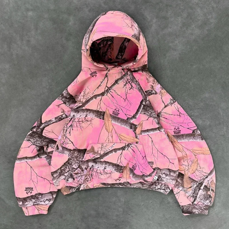 Y2K Retro Zip Up Hoodie Pink Branch Camo Print Pattern Sweatshirt Streetwear Harajuku Trendy Casual Camouflage Unisex Boxy Coat 260311
