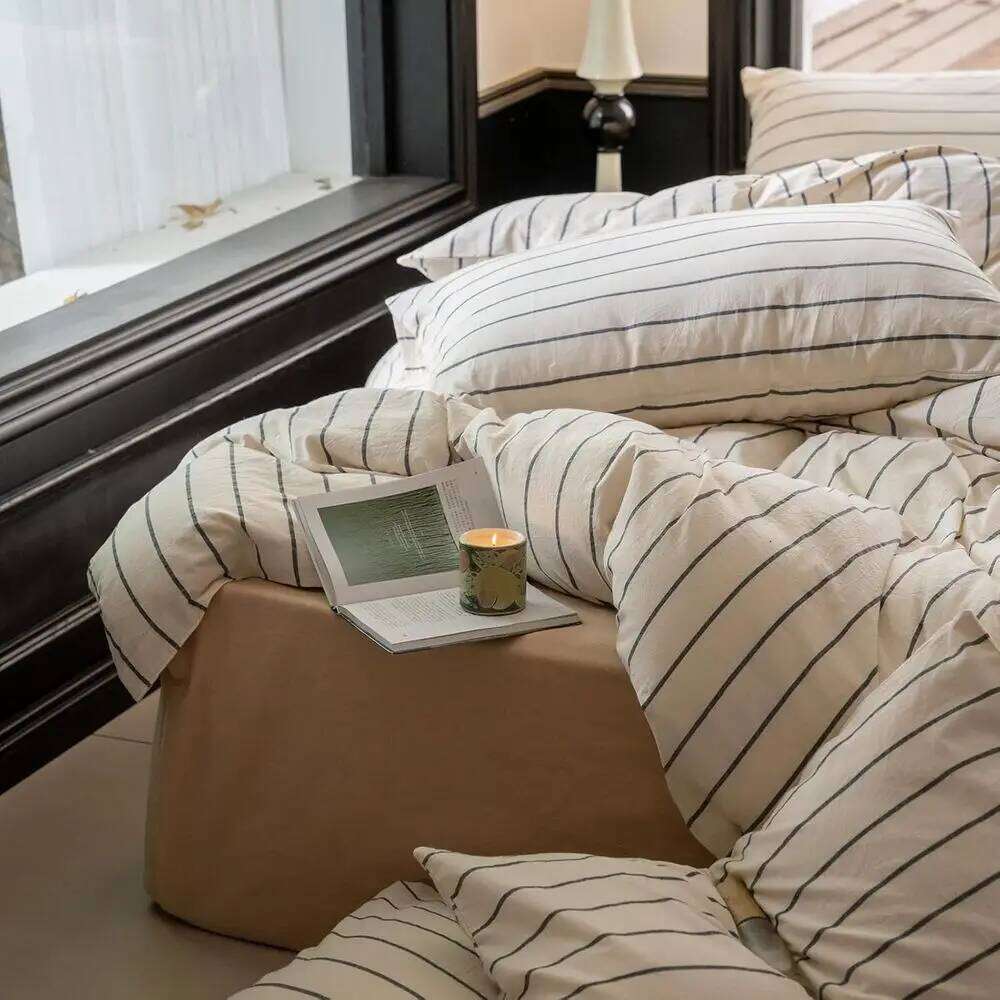 Queen Size Beige Cotton Striped Duvet Grey Stripes, 3-Piece Comforter Cover Set with Zippered Closure H260312