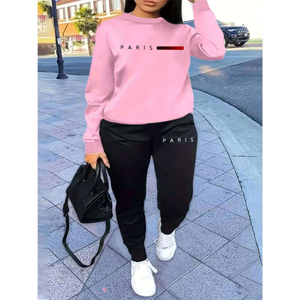 Women's autumn and winter hip-hop casual street fashion Paris letter printed round neck sports shirt+sports pants warm suit C260312