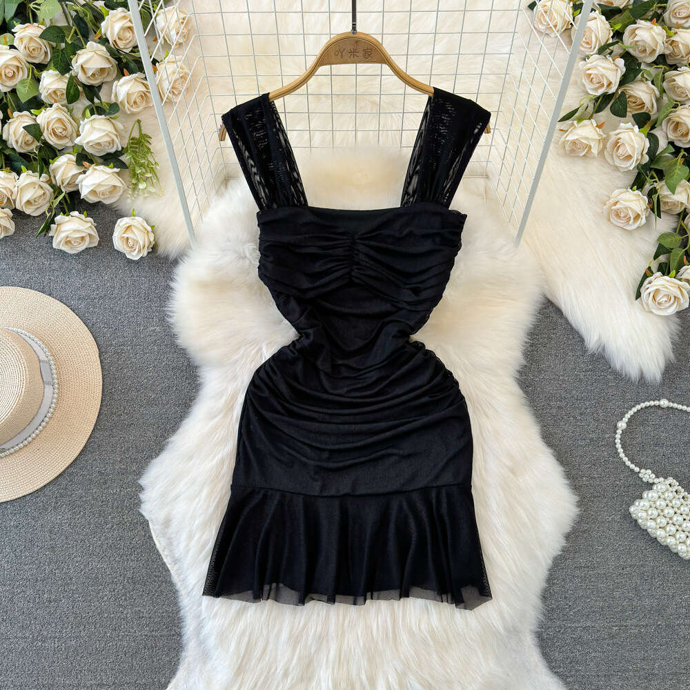 2026 French Elegant Women's Sexy a23 Mesh Ruffle Strap Skirt Waist Slimming and Wrinkle Details