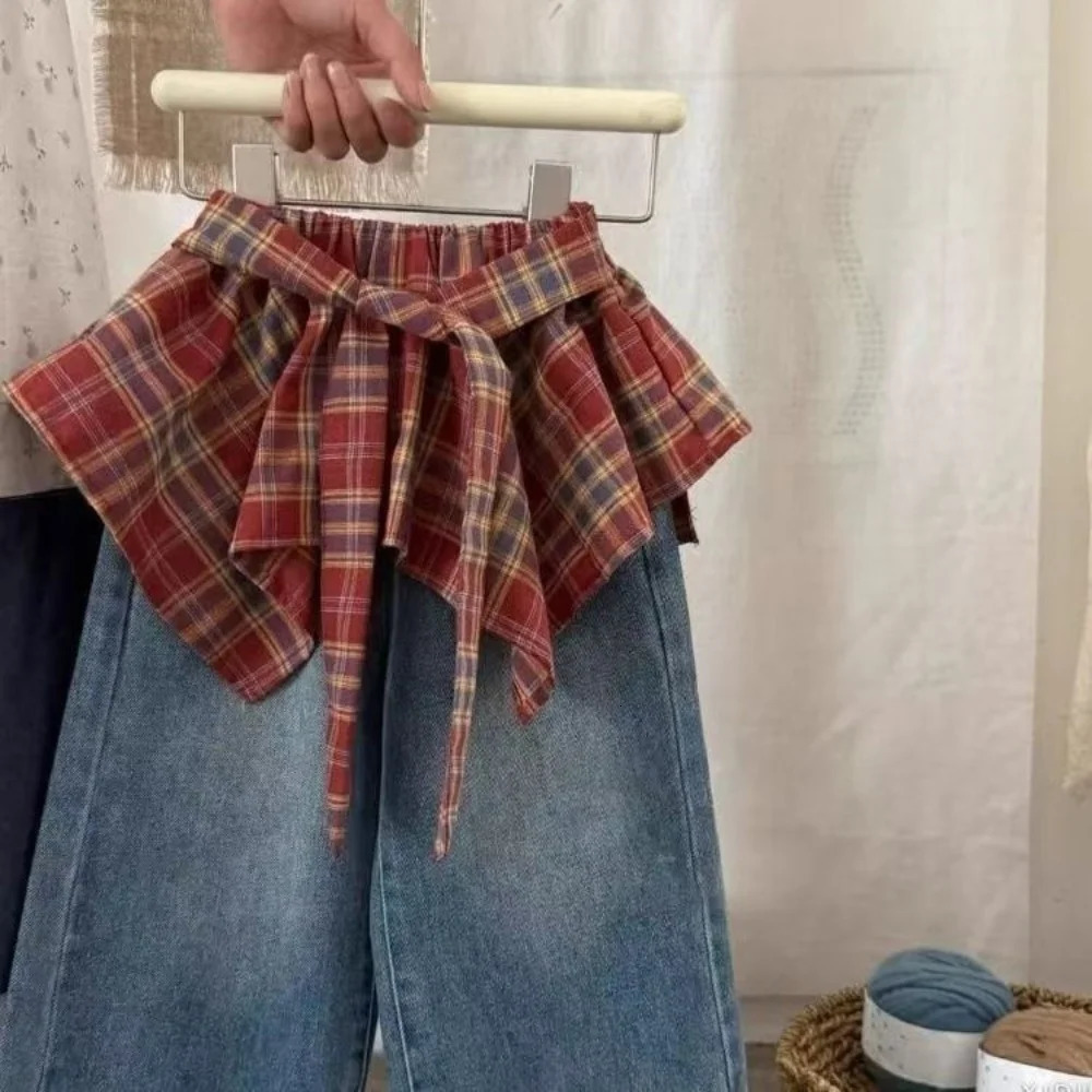 Girls Pants Stylish Little Girl Super Goodlooking Retro Red Checkered Lace Up Fart Curtain Denim Skirt 260311