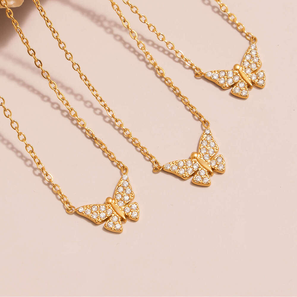 Stainless Steel 5A Zircon Butterfly Necklace Bracelet European and American Fashion Light Luxury 18k Gold Plated Versatile Jewelry Set