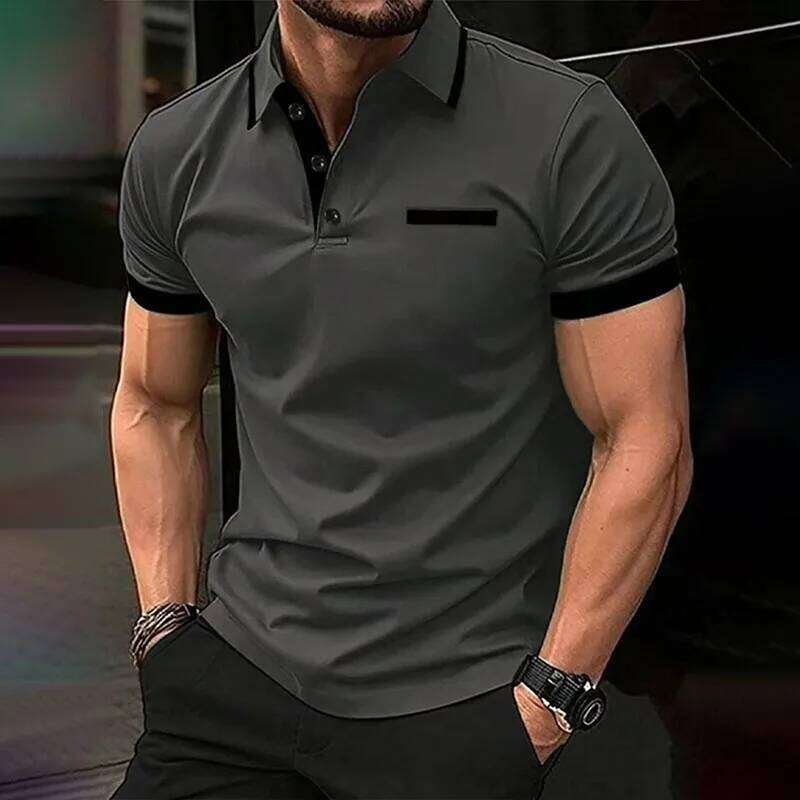 Spring Summer Men Clothes Short Sleeve Turn-down Collar Fake Pocket Print Business Casual Polo Shirt Resilient Tops 26H0312
