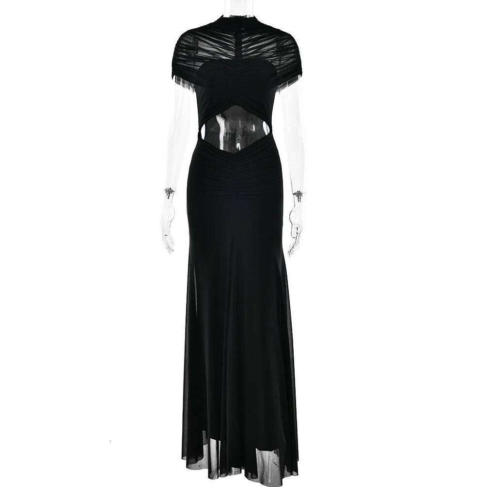 JULISSA MO Sexy Hollow Out Turtleneck Women Maxi Coffee Short Sleeve See Through Mesh Bodycon Elegant Party Evening Dress C260312