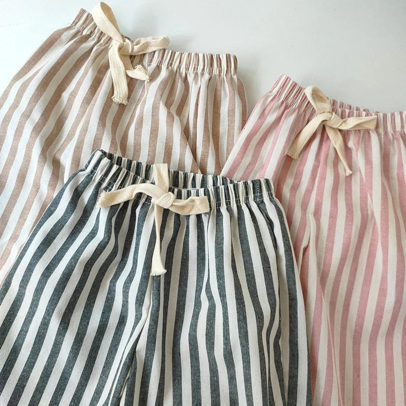 Linen Cotton Stripe Pants for Boys Girls Summer Autumn Casual Loose Kids Childrens Trousers 260311