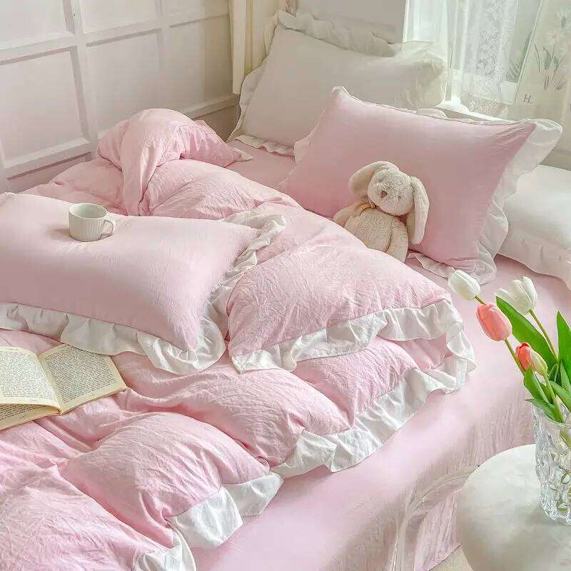 Korean Princess Style Duvet Cover Set No Filling Pink Blue Soft Washed Cotton Girls Favorite Ruffles Bed Linen Pillowcases H260312